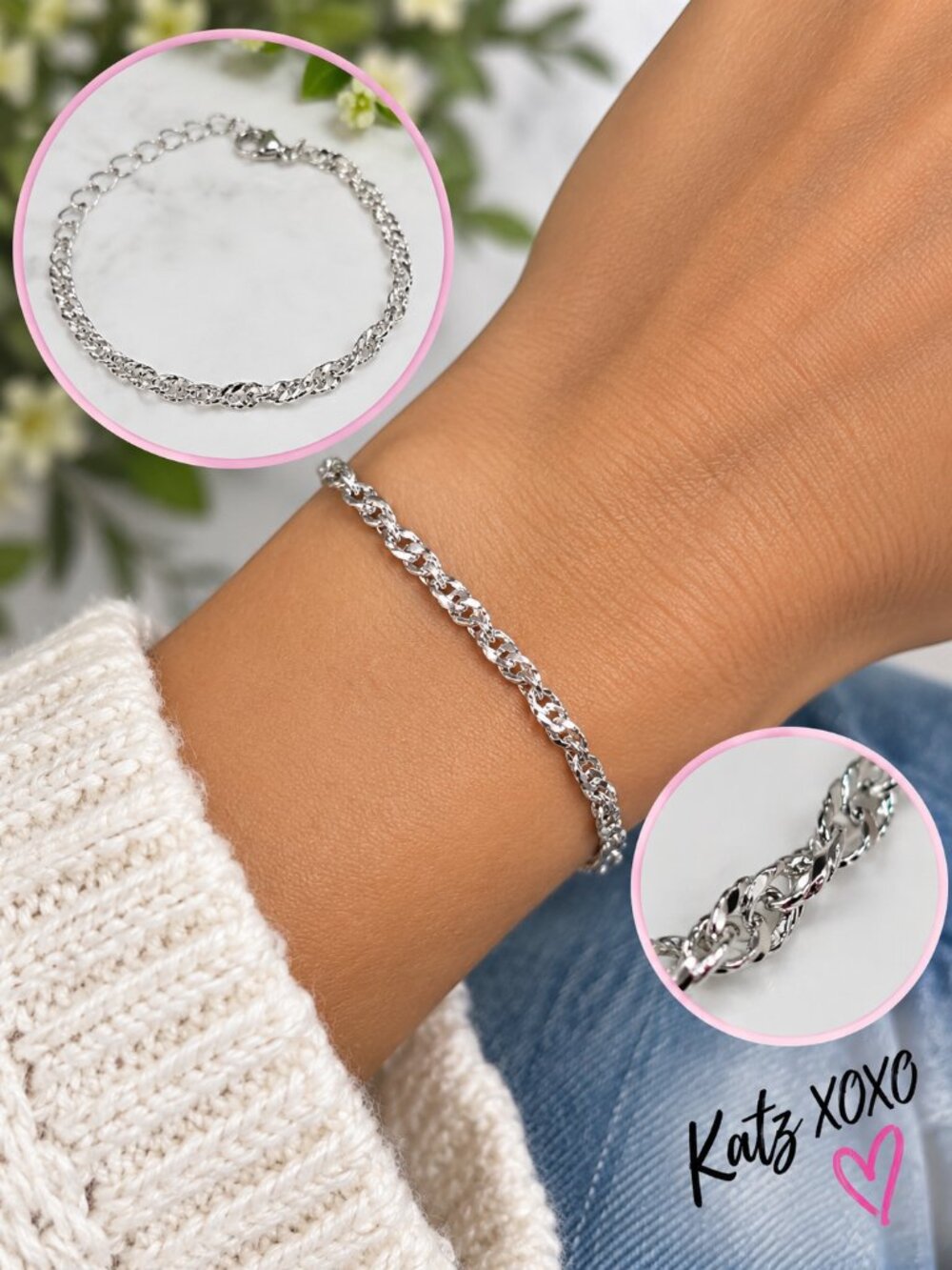 Silver Stainless Steel Singapore Chain Bracelet 2mm Adjustable Stackable Twisted